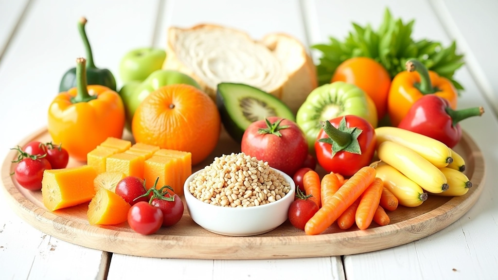 Composição dos 5 grupos alimentares com alimentos coloridos e variados dispostos de forma organizada