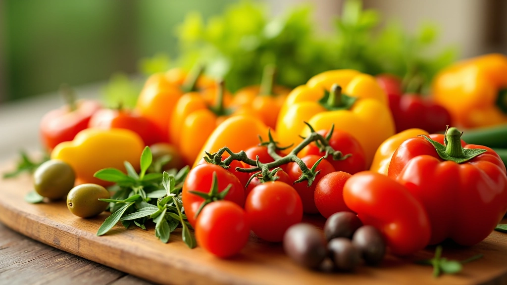 Arranjo de alimentos mediterrânicos mostrando grupos alimentares variados e coloridos