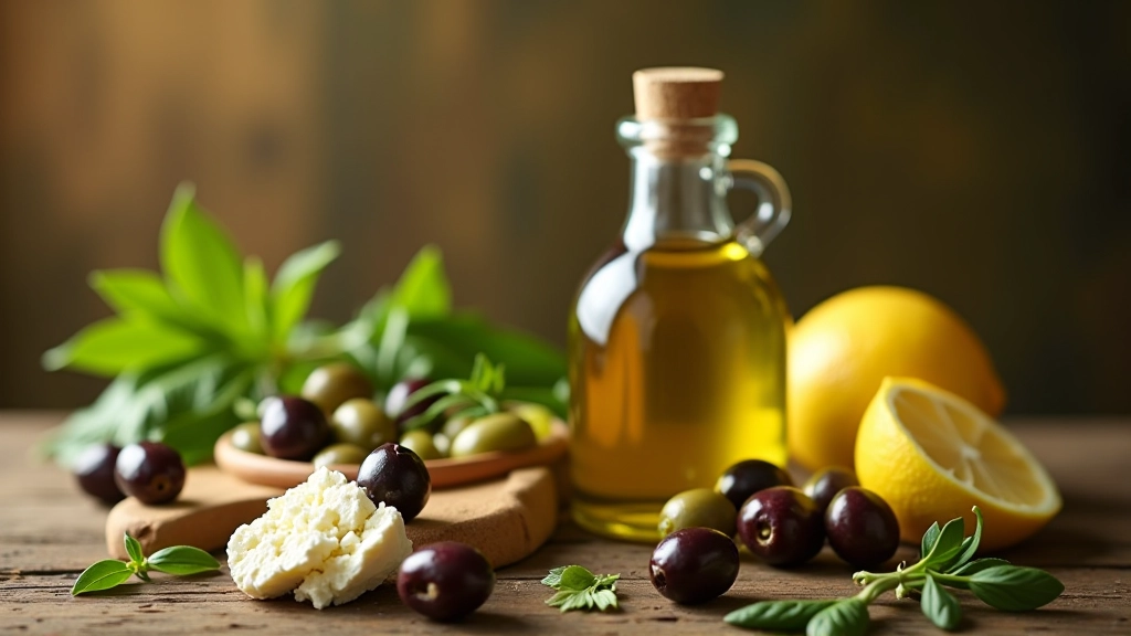 Azeite extra virgem em garrafa de vidro escuro rodeado de alimentos mediterrânicos tradicionais