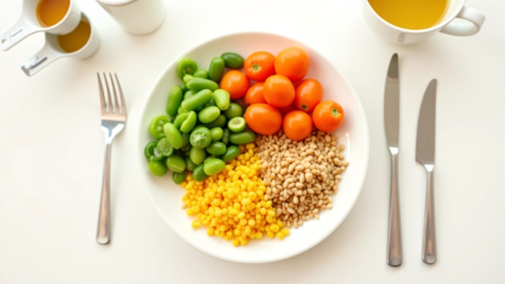 Prato com diferentes alimentos em porções marcadas para demonstrar tamanho adequado das refeições