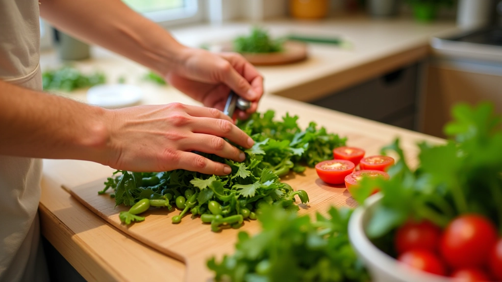 Mãos a preparar ingredientes frescos na cozinha para criar um prato equilibrado