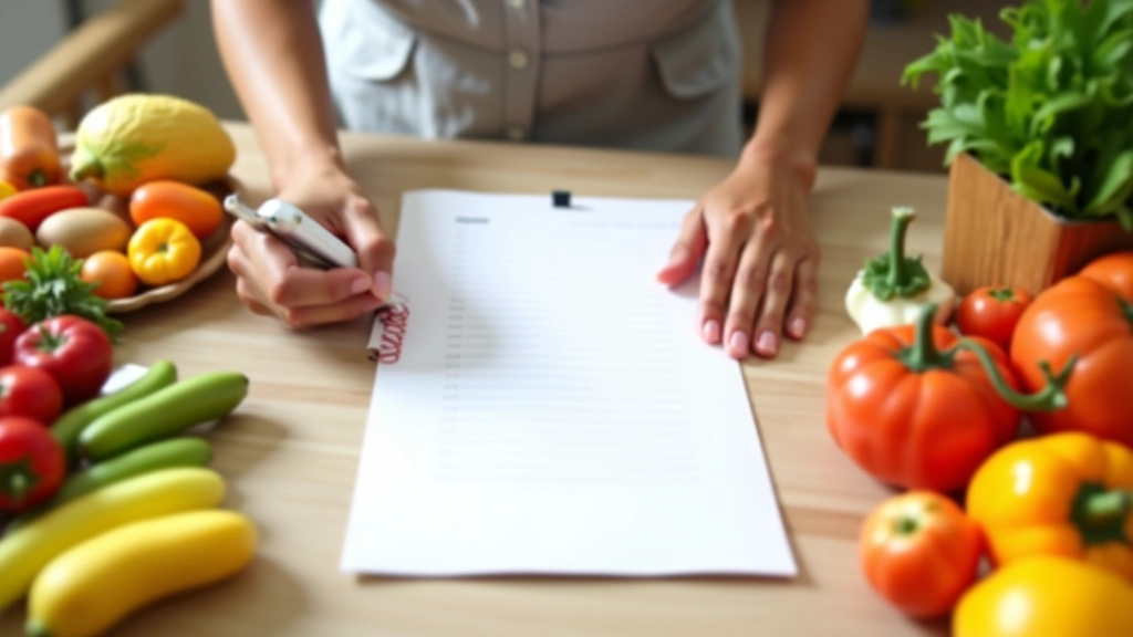 Mãos a escrever lista de compras com alimentos frescos e coloridos ao redor da mesa