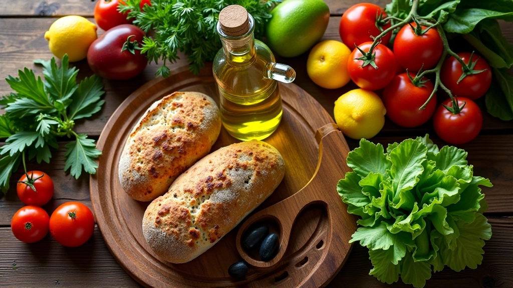 Variedade de alimentos mediterrânicos frescos organizados numa mesa de madeira rústica, incluindo pão integral, tomates, alface verde e azeite dourado em vidro