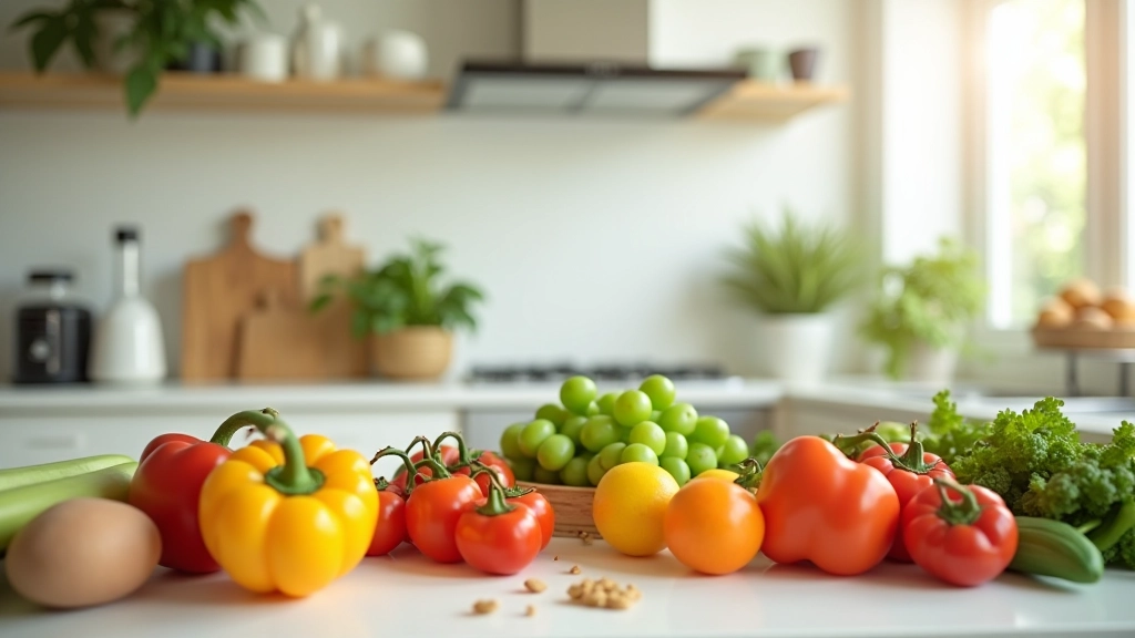 Cozinha moderna com ingredientes frescos e coloridos na bancada para preparação de refeições saudáveis
