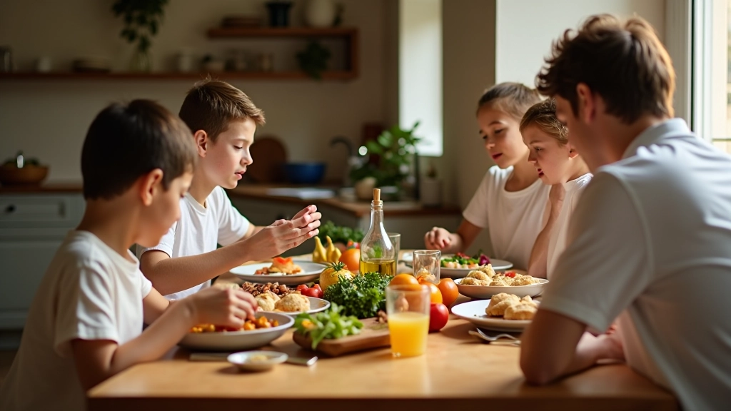 Família portuguesa preparando refeições equilibradas com ingredientes mediterrânicos