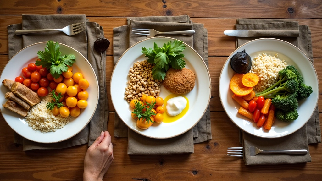 Três pratos diferentes com refeições equilibradas mostrando variedade de alimentos e cores