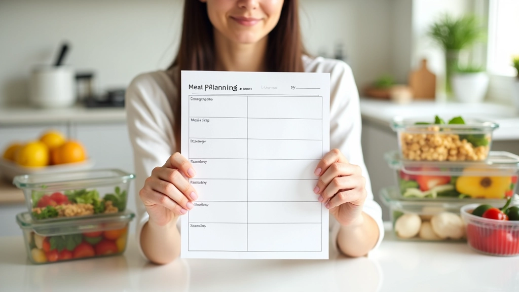 Calendário da semana com refeições anotadas e alimentos preparados em potes de vidro