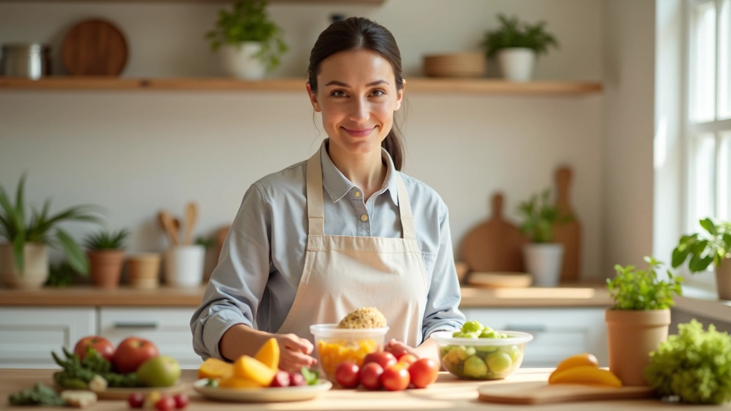 Mulher a preparar refeições em potes de vidro na cozinha moderna e iluminada