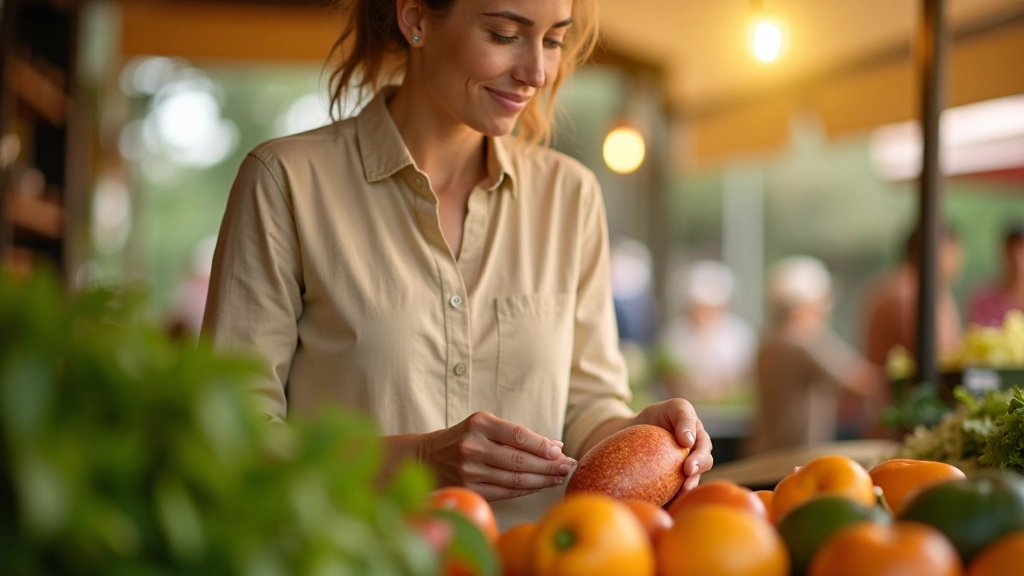 Mulher num mercado tradicional português escolhendo vegetais frescos de diferentes cores e formas, com foco em tomates e cebolas